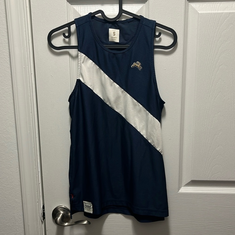 Tracksmith navy and white singlet